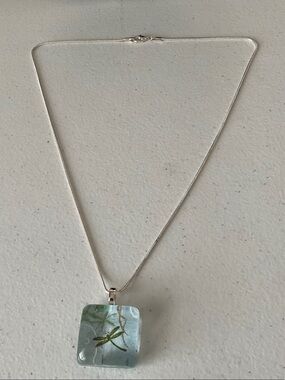 Handmade Green Glass Square Dragonfly Pendant Necklace - Silver Chain